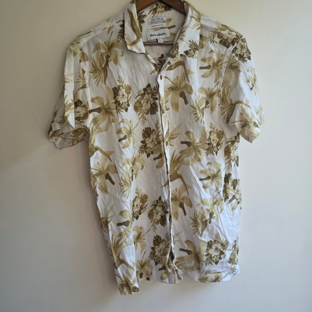Threadbare Mens Large Tropical Floral Palm Print Cotton Short Sleeve Button